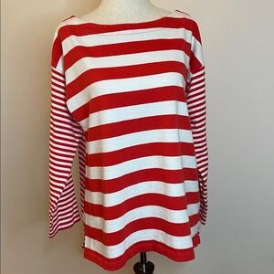 Banana Republic Breton Stripe Cotton Shirt Coral Red White 3/4 Sleeve M